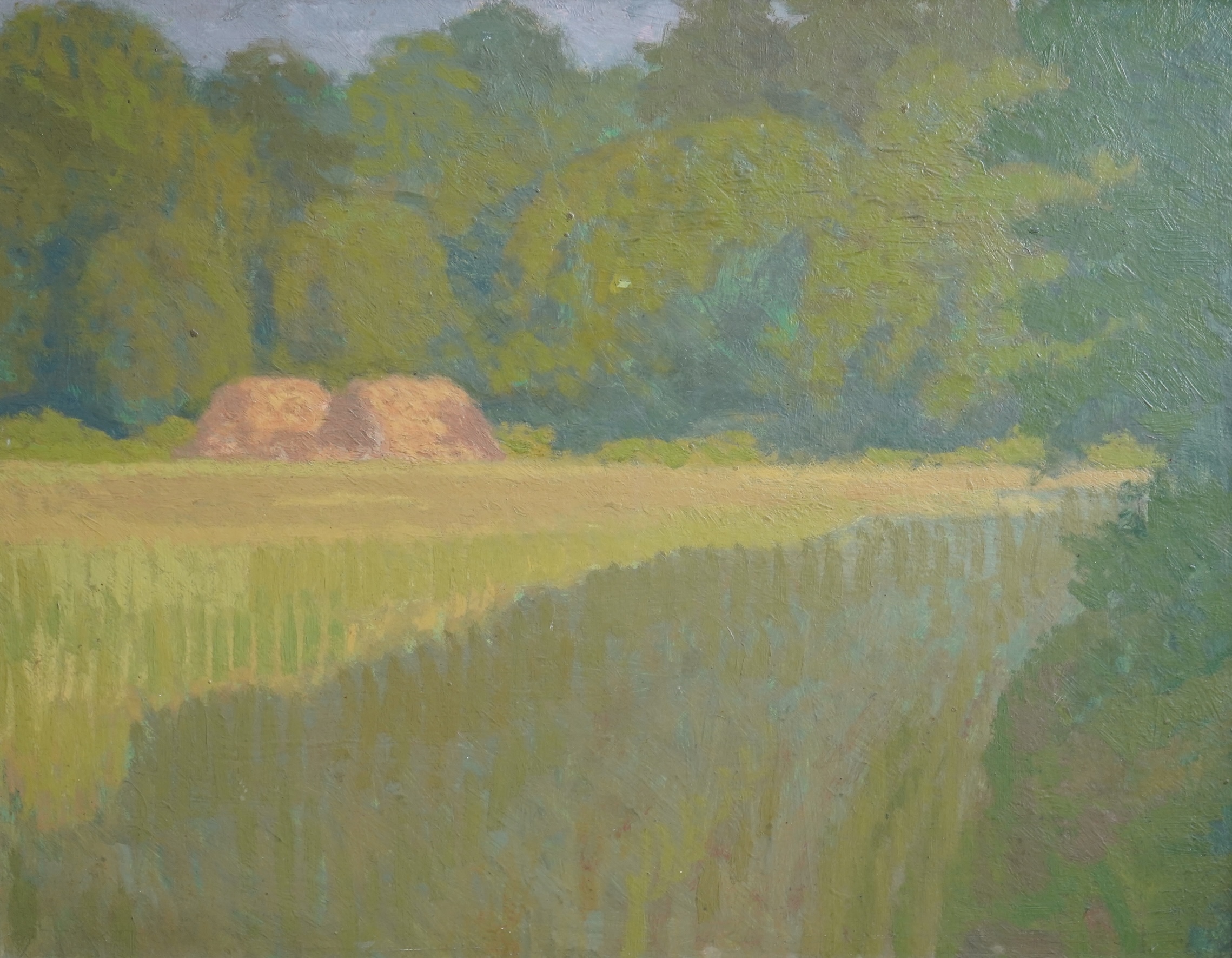 Robert Buhler RA, 1916-1989, Landscape with trees and haystacks